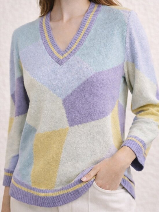 St. John Sweaters - St John Sport Santana Knit Vintage Geometric Pastel V-Neck Sweater S